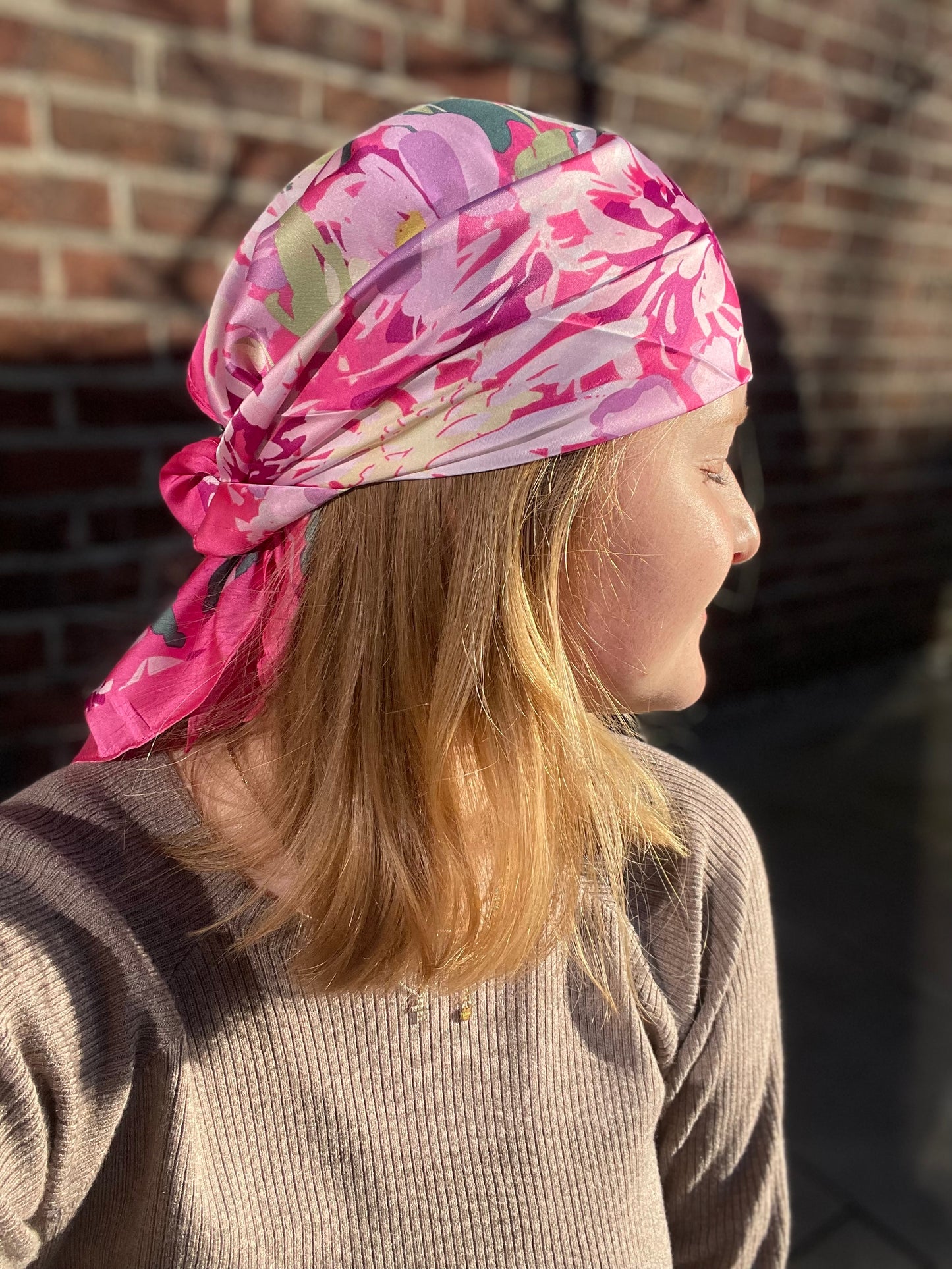 Kopftuch Satintuch Sommer Pink Green Flower