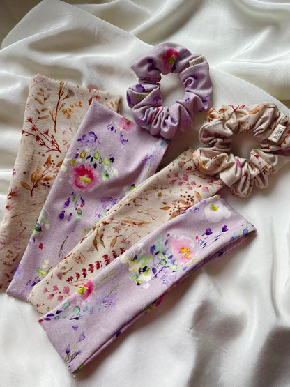 Stirnband und Scrunchie in Frühling Beige Lila