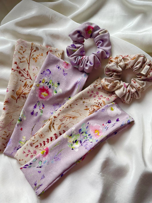Stirnband und Scrunchie in Frühling Beige Lila