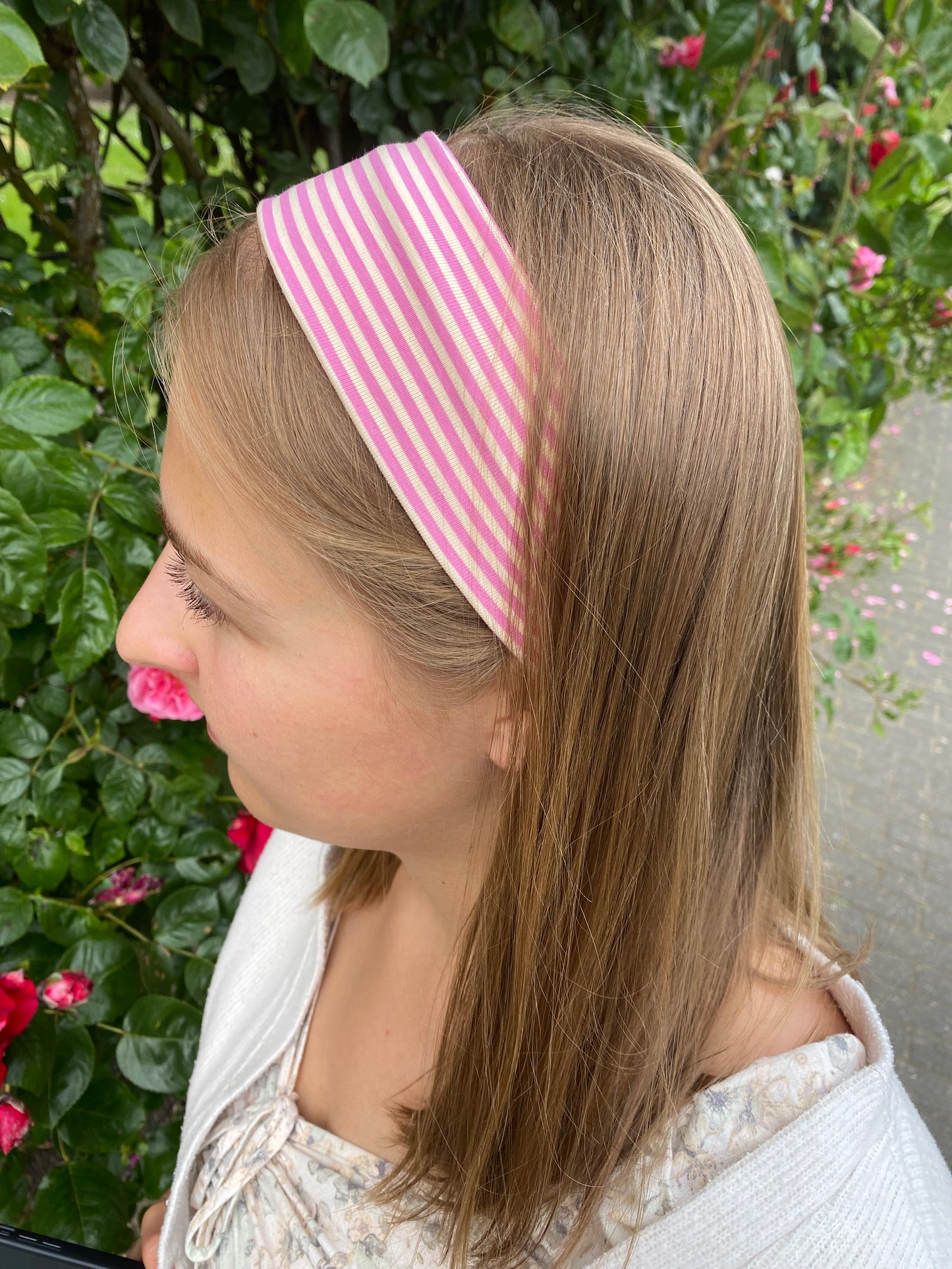 Haarband Gestreift Pink Beige Weiß